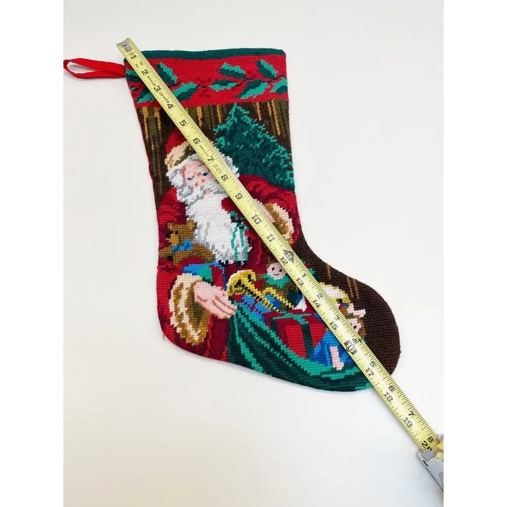 Vintage Needlepoint Wool Christmas Stocking Santa Bag of Toys